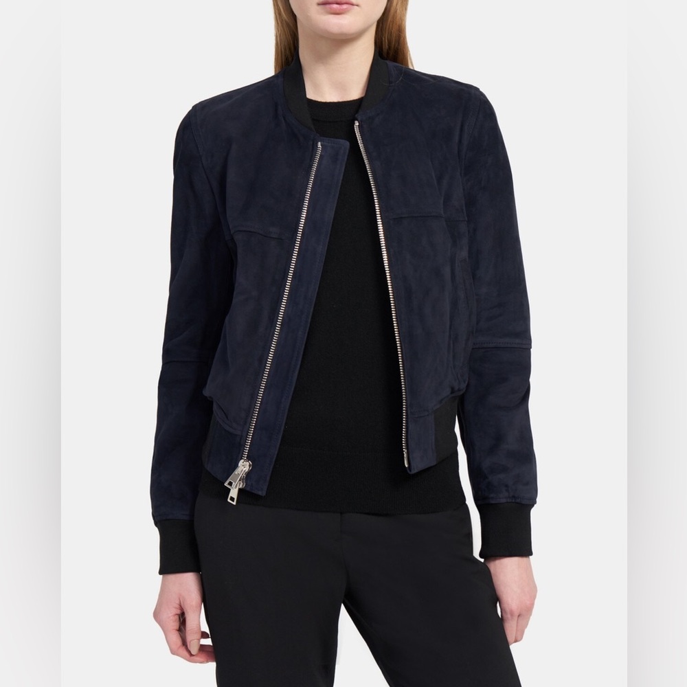 Theory Daryette S Benna Suede Lamb Leather Bomber Jacket Navy Blue Size SP - Picture 3 of 15